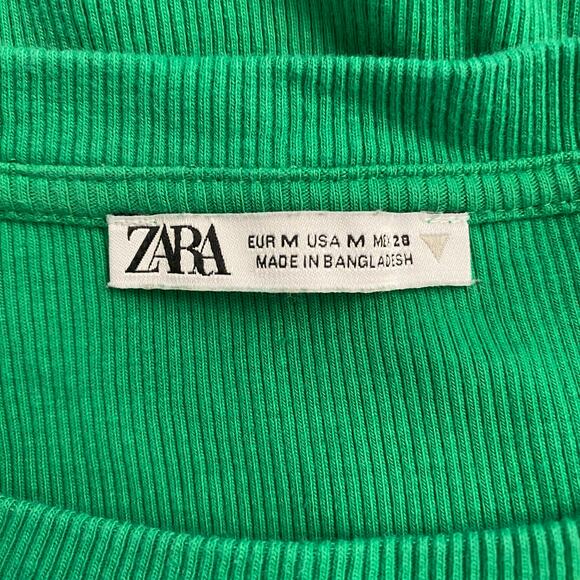 Zara Green Ribbed Ruffle Sleeve Bodycon Mini Dress Size M Preppy Spring - Picture 2 of 8